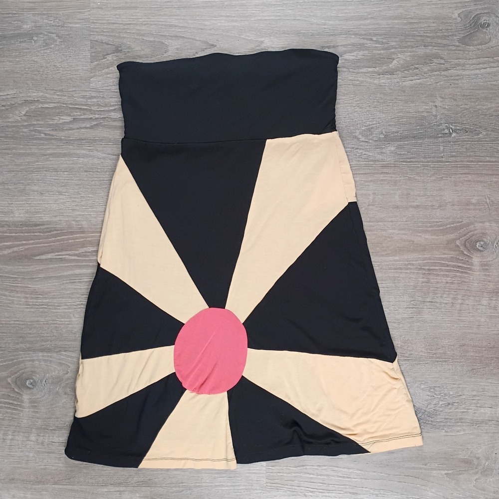 Ufish Womens Small Black & Beige Stretch Strapless Dress Tunic Top Lined Y2K ***